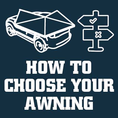 Graphic illustrating how to choose an awning with a car and directional signs.