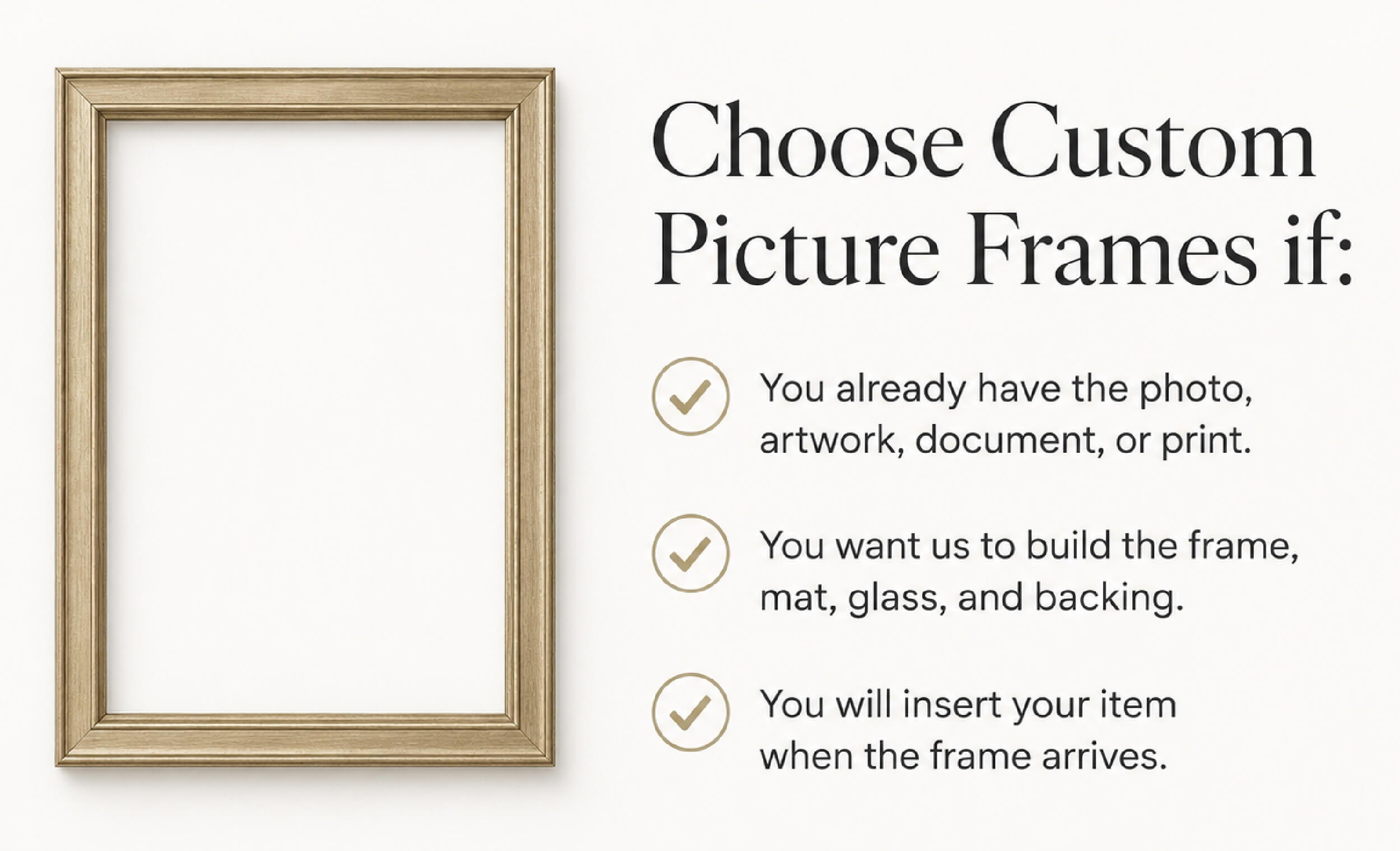 Custom picture frame options with checklist for requirements.
