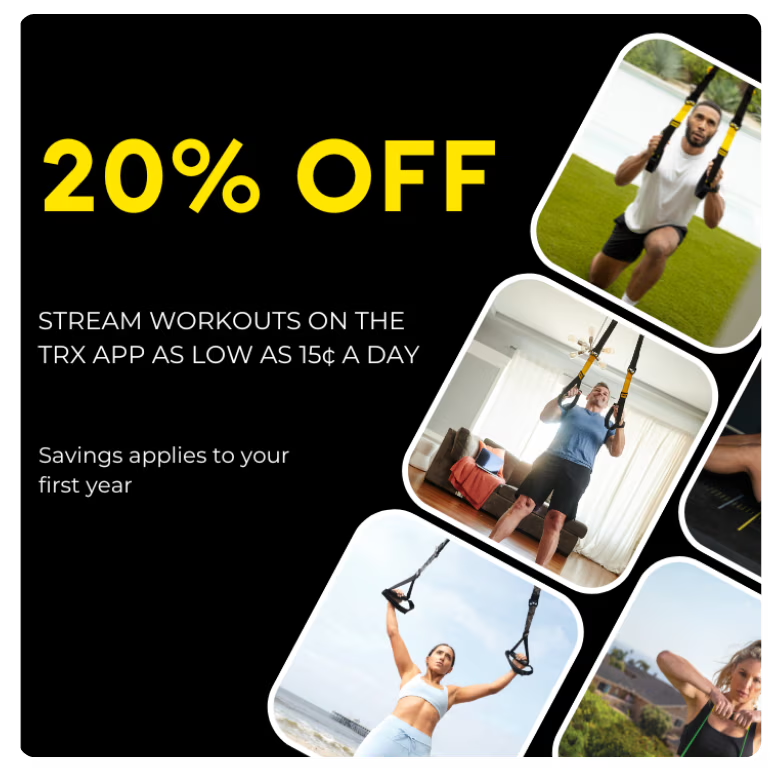 Promotional image for TRX app offering 20% off workouts.