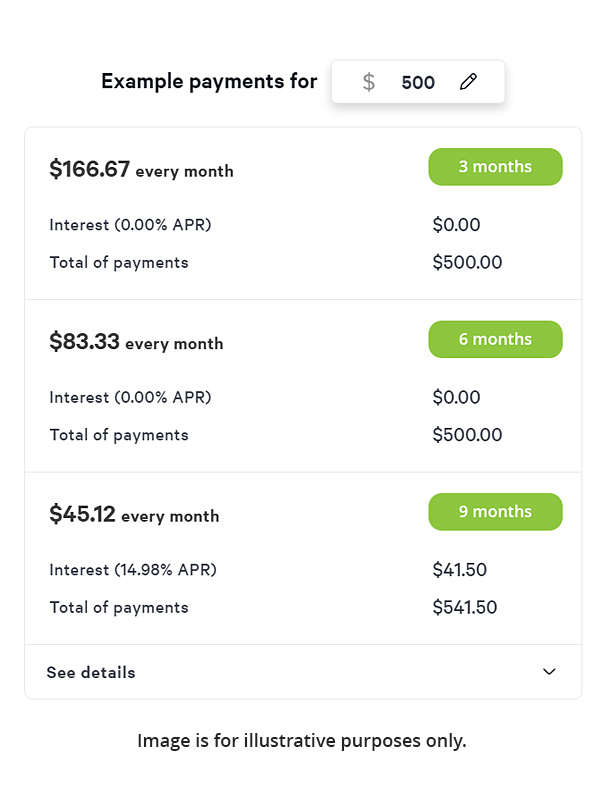 Example of payment plans with affirm. For illustrative purposes only.
