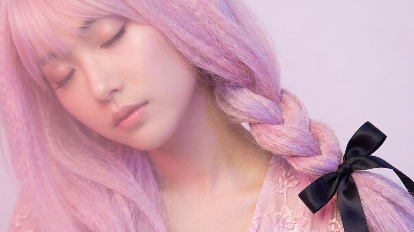 Pastel pink Astolfo cosplay wig with side braid and black ribbon bow