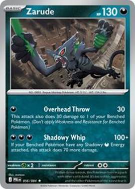 Zarude Pokémon card showcasing attacks and stats.