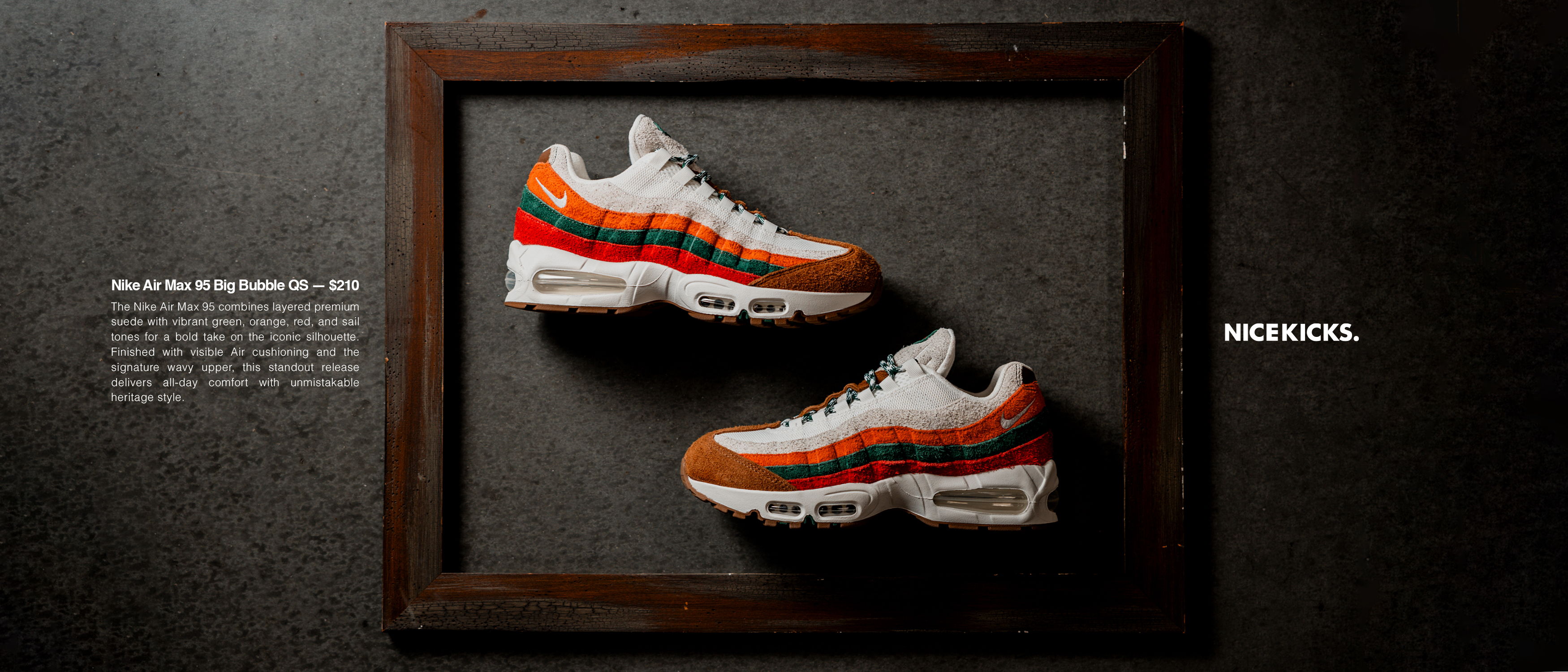 Sneakers displayed in a frame against a dark background.