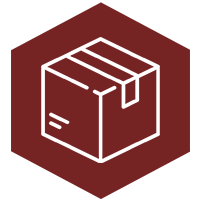Line drawing of a box on a red hexagonal background.
