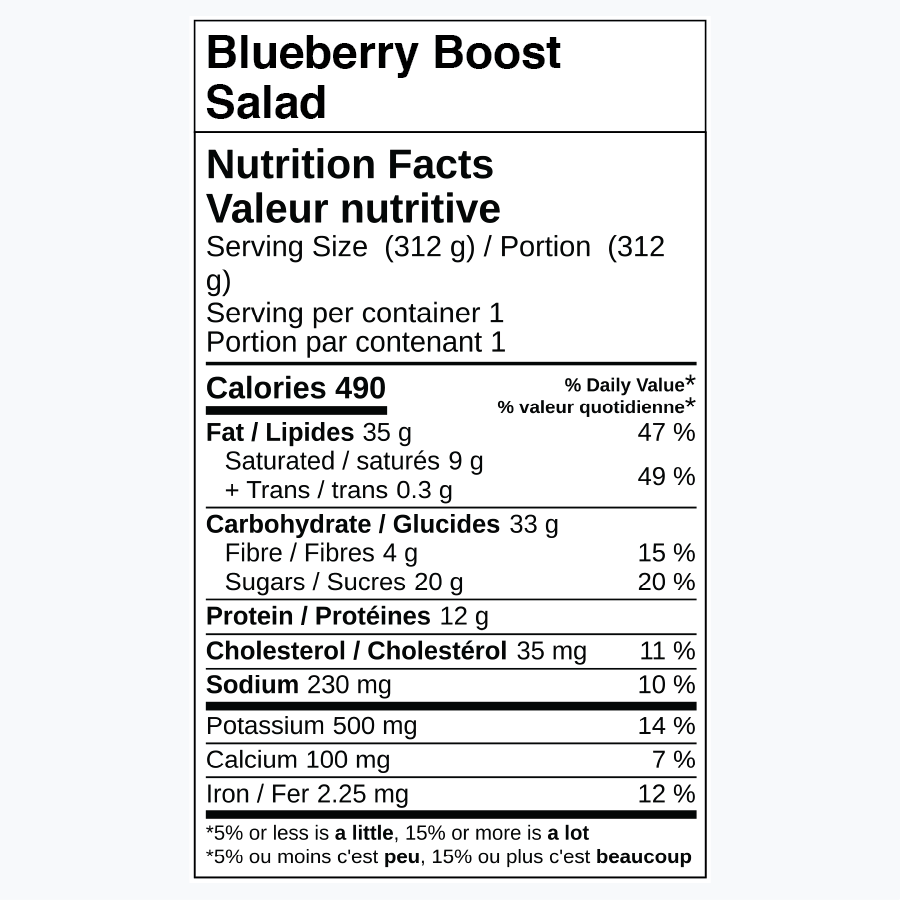 Nutrition facts for Blueberry Boost Salad, including calories and nutrient breakdown.