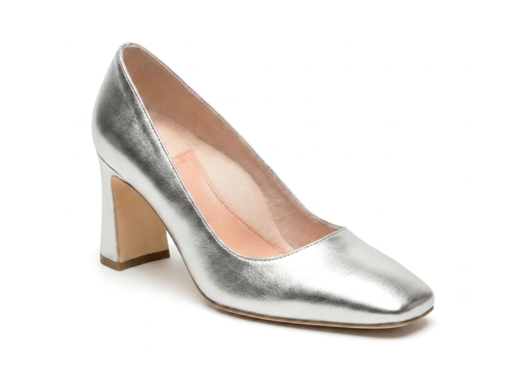 Silver high-heeled shoe with a chunky heel and pointed toe.