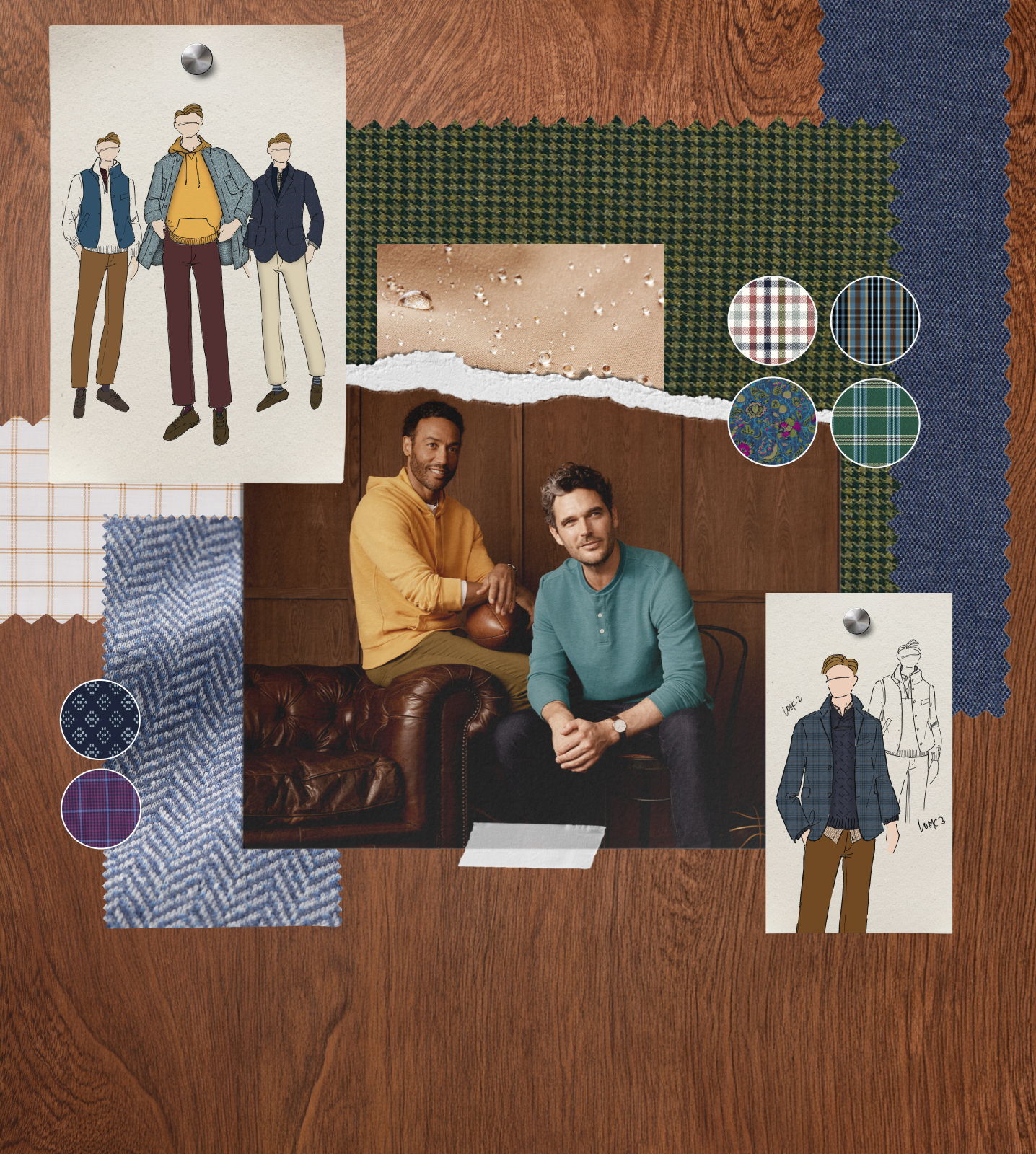 Collage of men's fashion illustrations and two models on a wooden background.