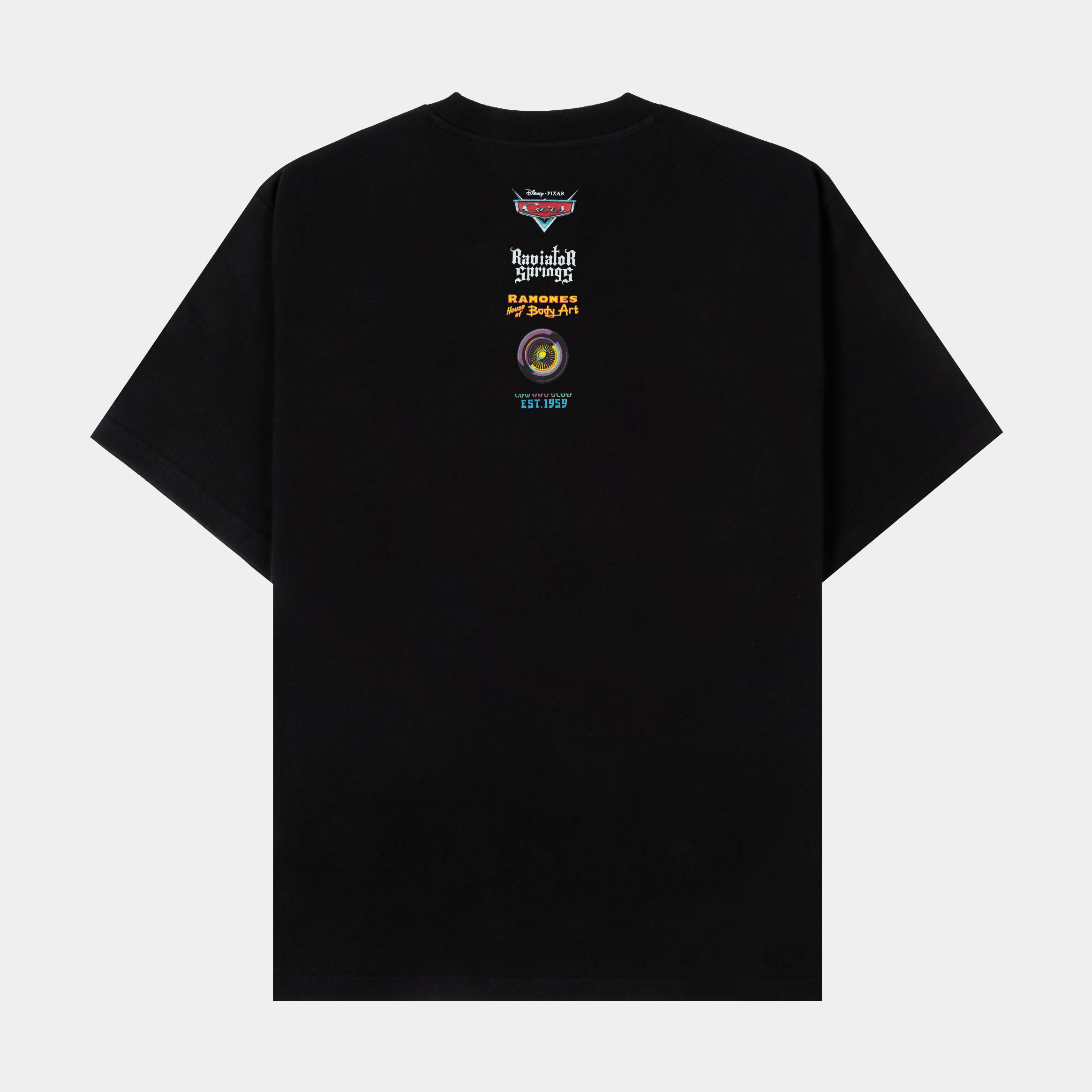 Black t-shirt featuring a colorful car graphic and playful text.