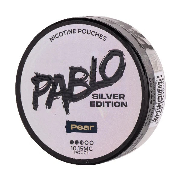 Pablo Silver Edition nicotine pouches, pear flavor, 10.15mg per pouch.
