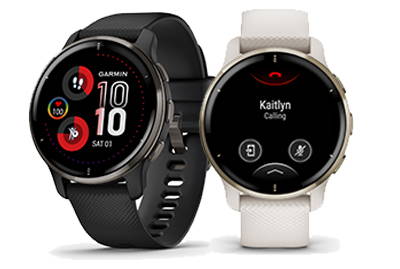 Black and ivory Garmin Venu 2 Plus Smartwatches with talk and text