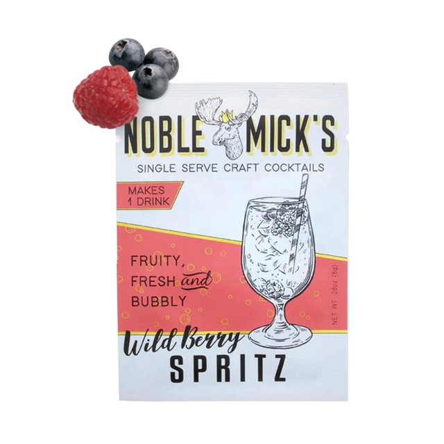 Noble Mick's Wild Berry Spritz cocktail mix with raspberries and blueberries.