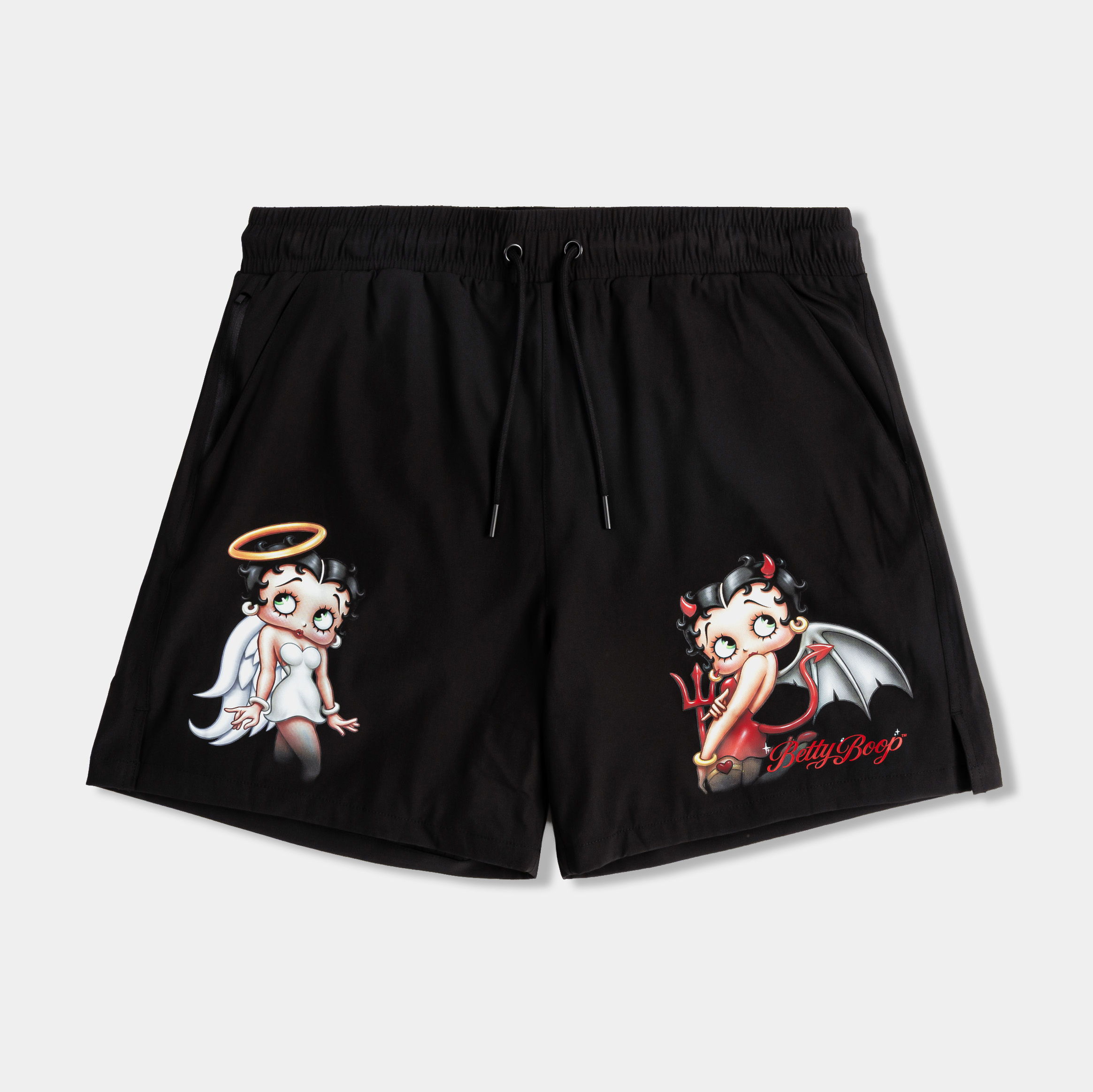 Black shorts featuring cartoon characters with angel and devil themes.