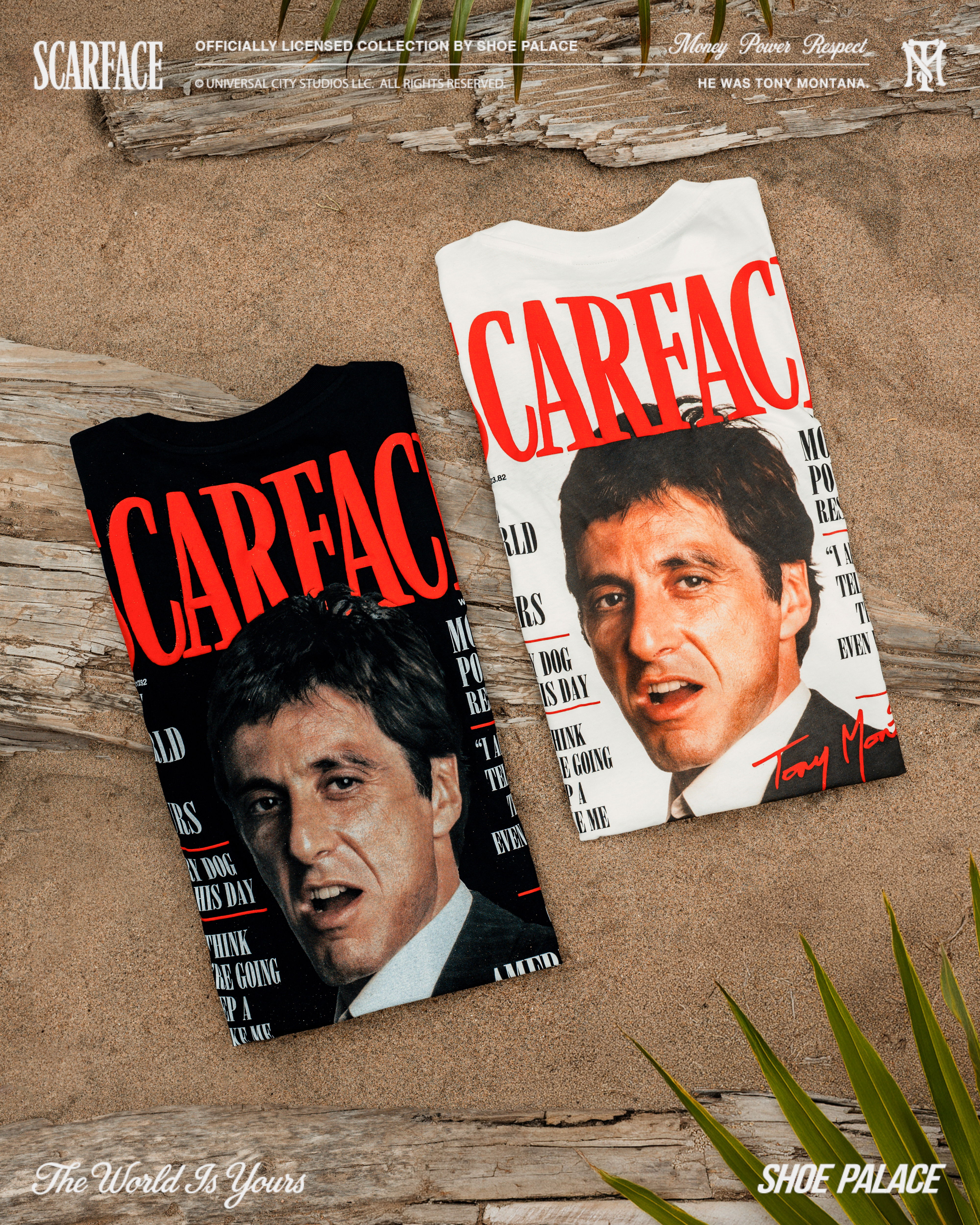 Two t-shirts featuring a movie character design on a sandy background.
