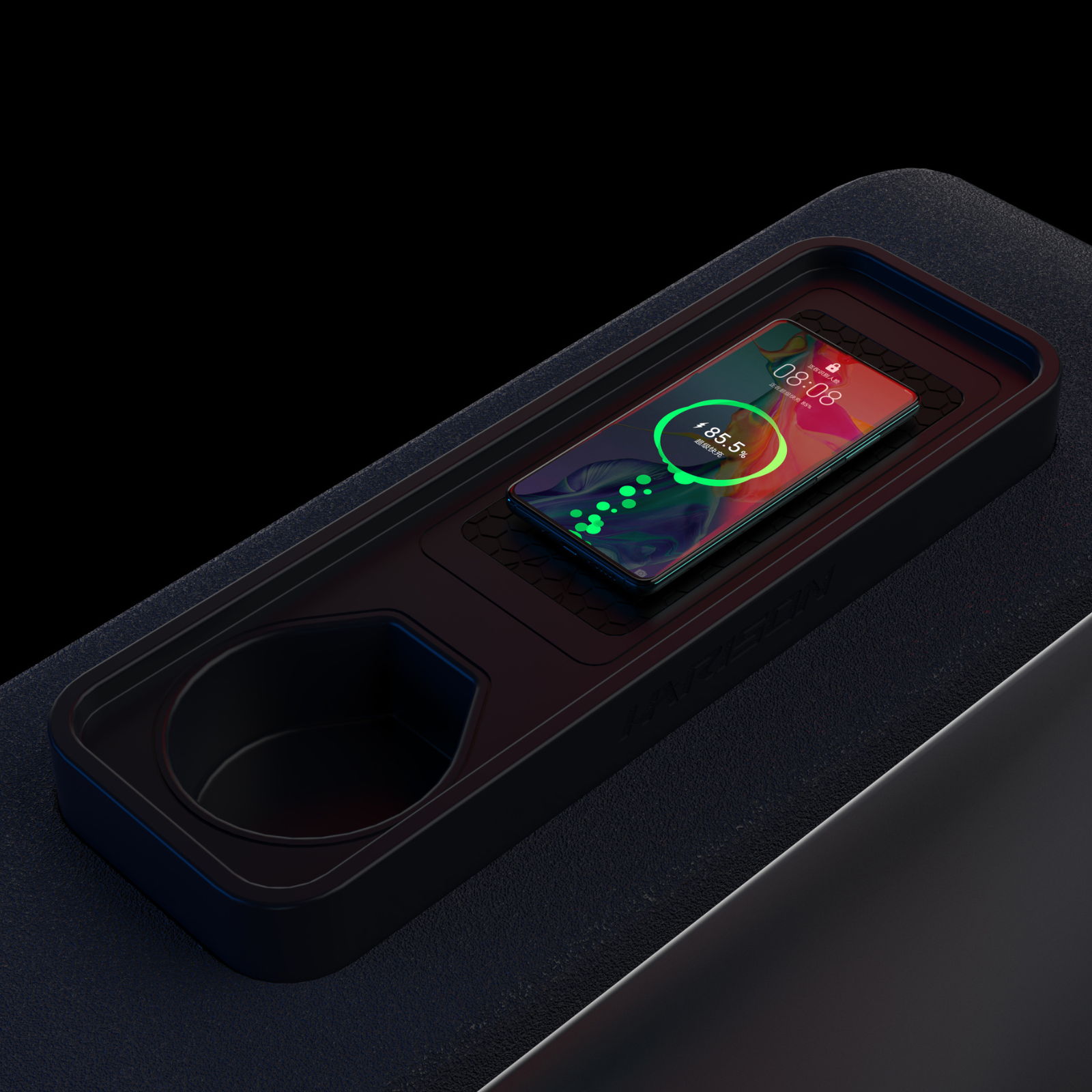 Smartphone placed on a sleek black charging dock with a circular design.