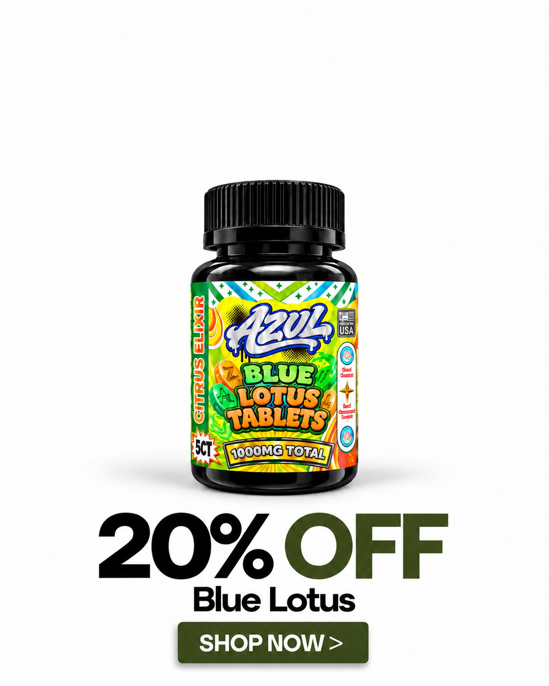 Bottle of Azul Blue Lotus Tablets with discount text.