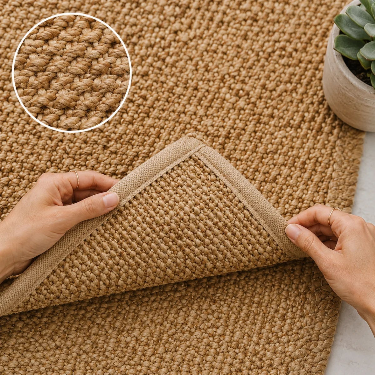 Close-up of a natural-look woven performance rug with bound edge, highlighting durable synthetic fibers of jute