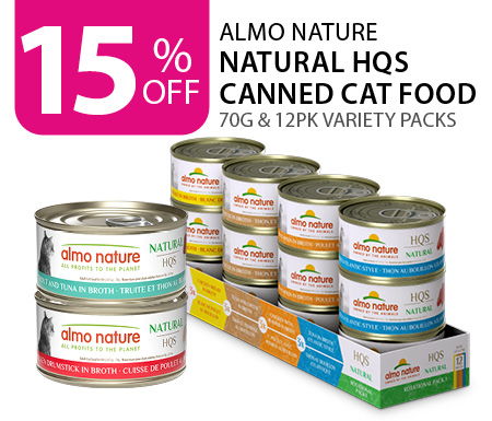 15% off Almo Nature Natural HQS Canned Cat Food 70g & 12PK Variety Packs