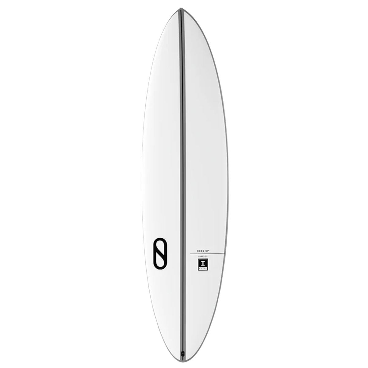 white surfboard with black logos on a white background