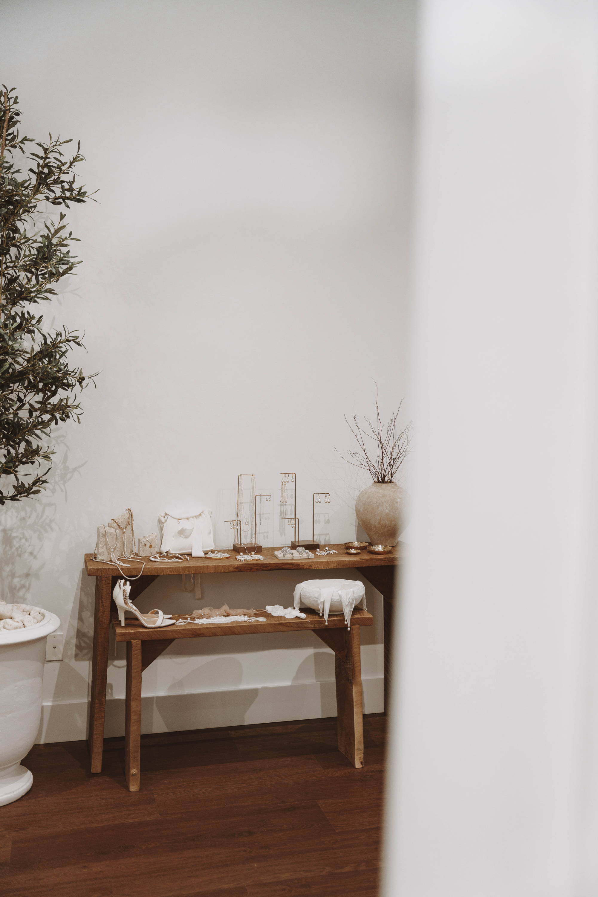 Chic rustic accessory table on white wall