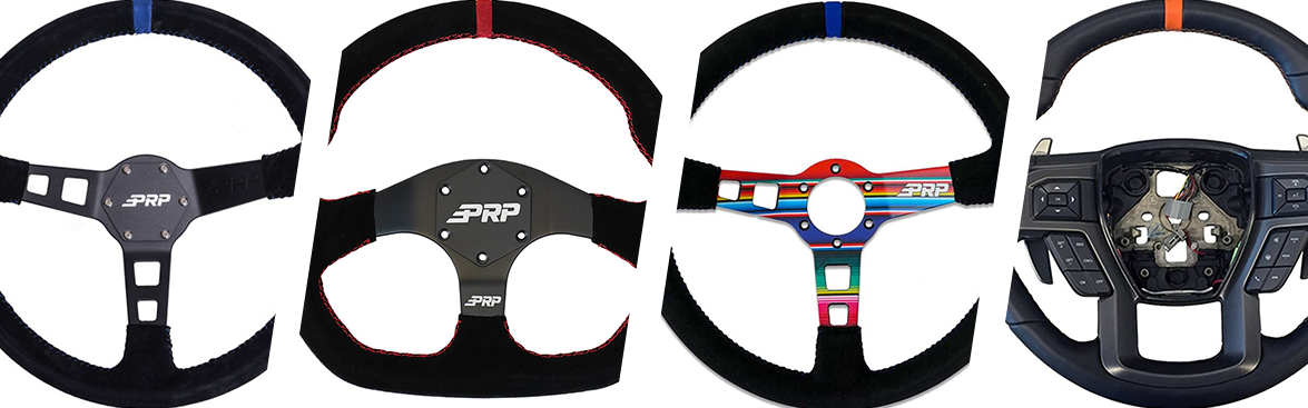 Photo collage of various steering wheels for off-road vehicles.