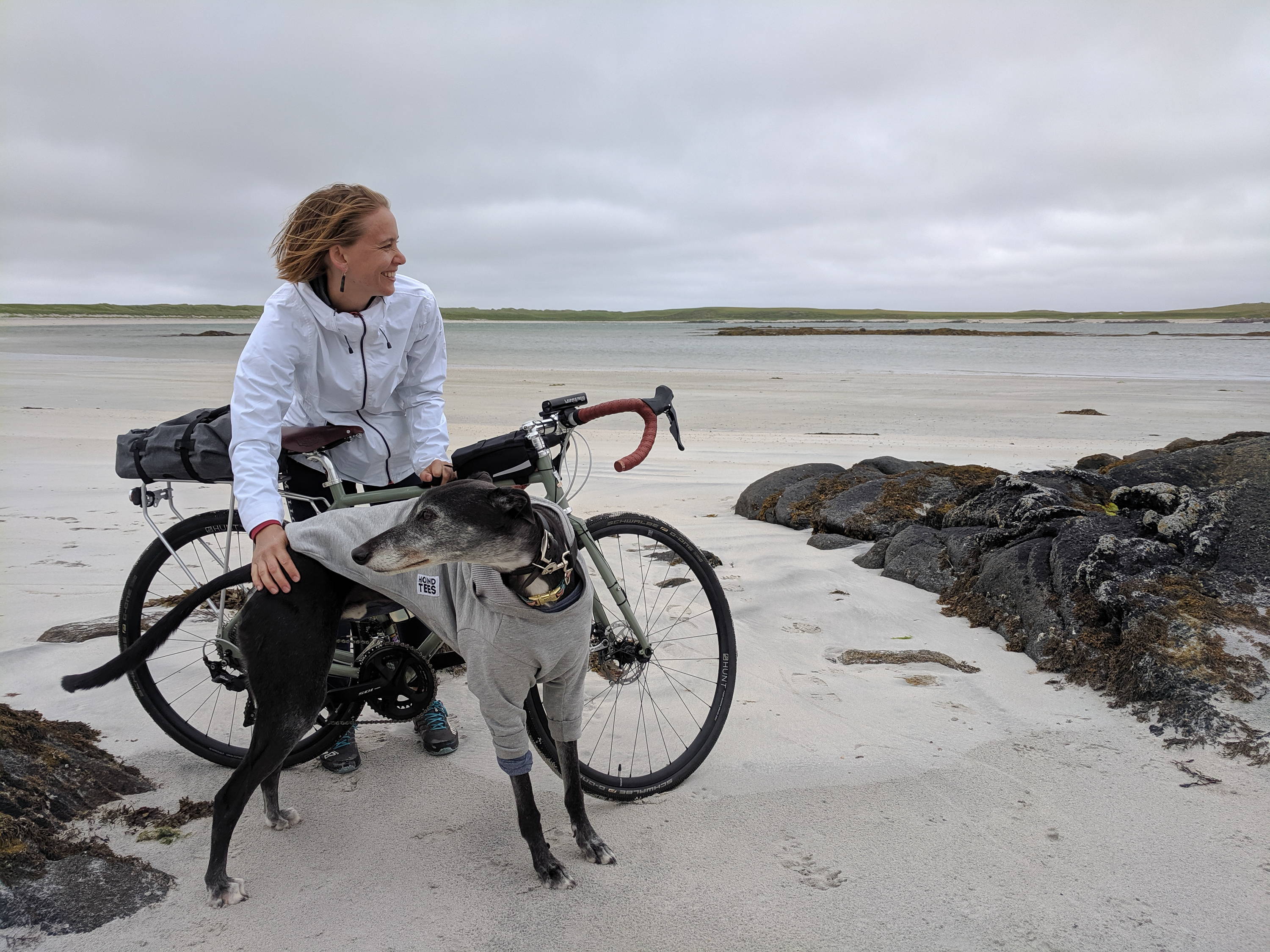 Our London Brand Manager Amy mid-way through her bike tour through the Outer Hebrides with her dog Nui and Adventure Disc 2 in Lichen Green.