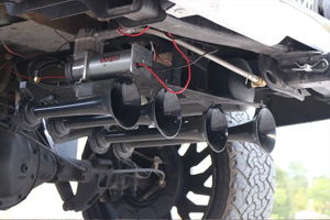 Under-bed or spare tire well Conductor's Special train horn and air system detail on GMC Sierra HornBlasters gallery photo 3