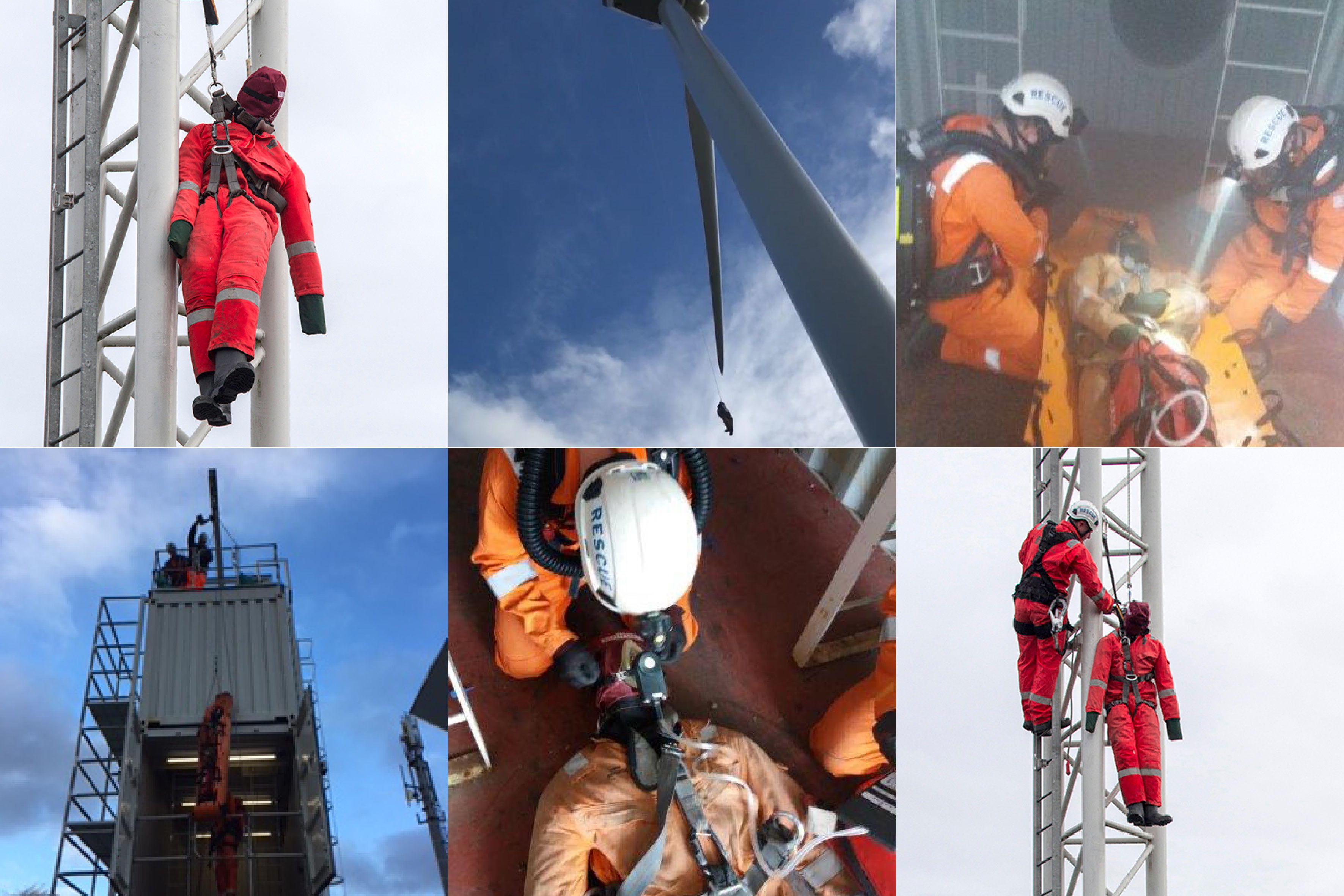 Rescue operations involving climbers in safety gear on a tall structure.