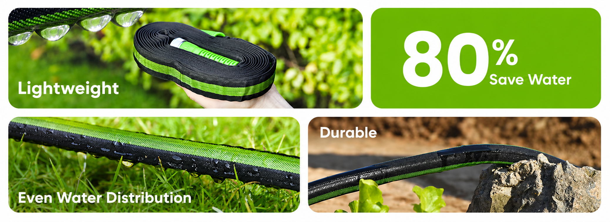 Image promoting a lightweight garden hose with efficient water distribution.