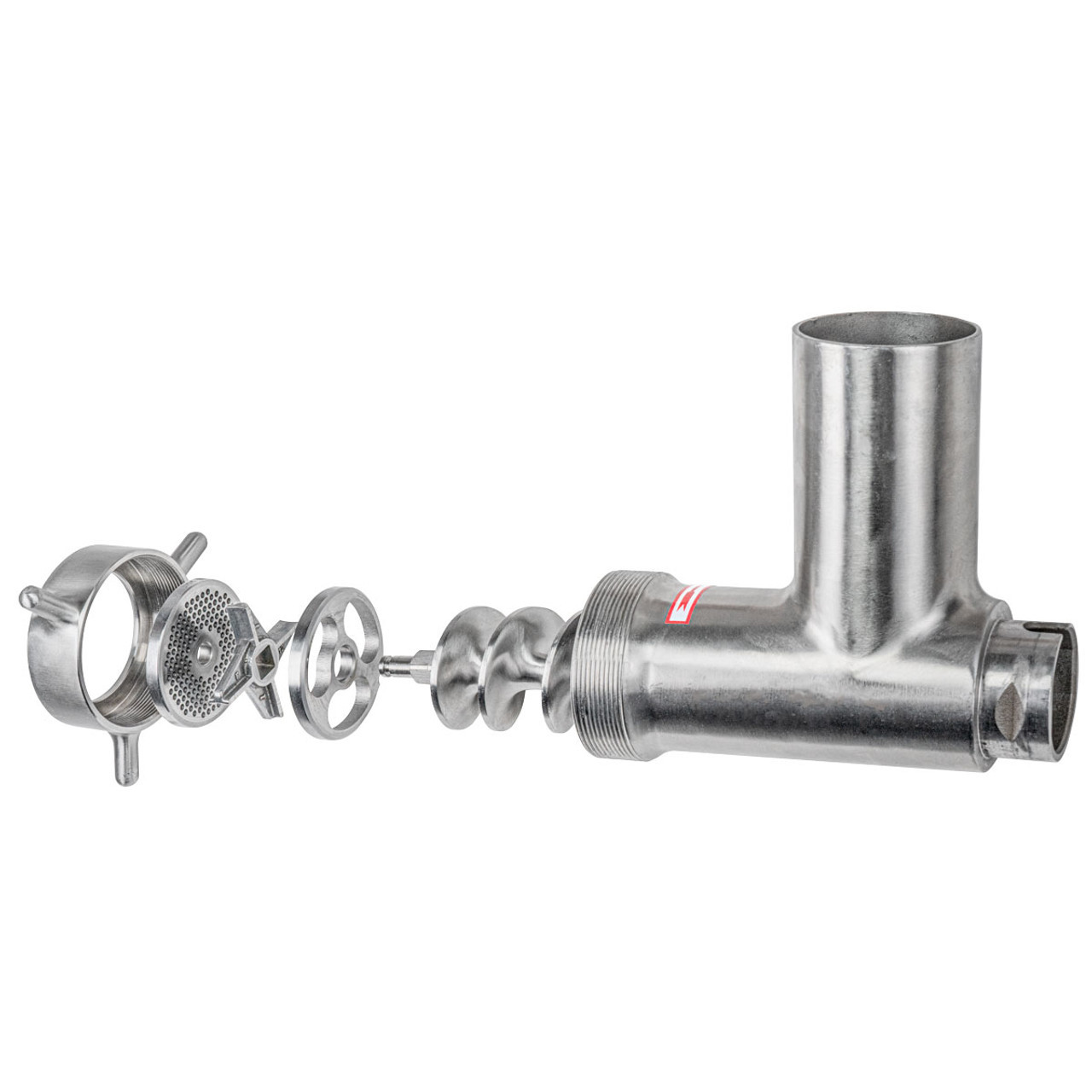 Metal pipe fitting disassembled into individual components on a white background.