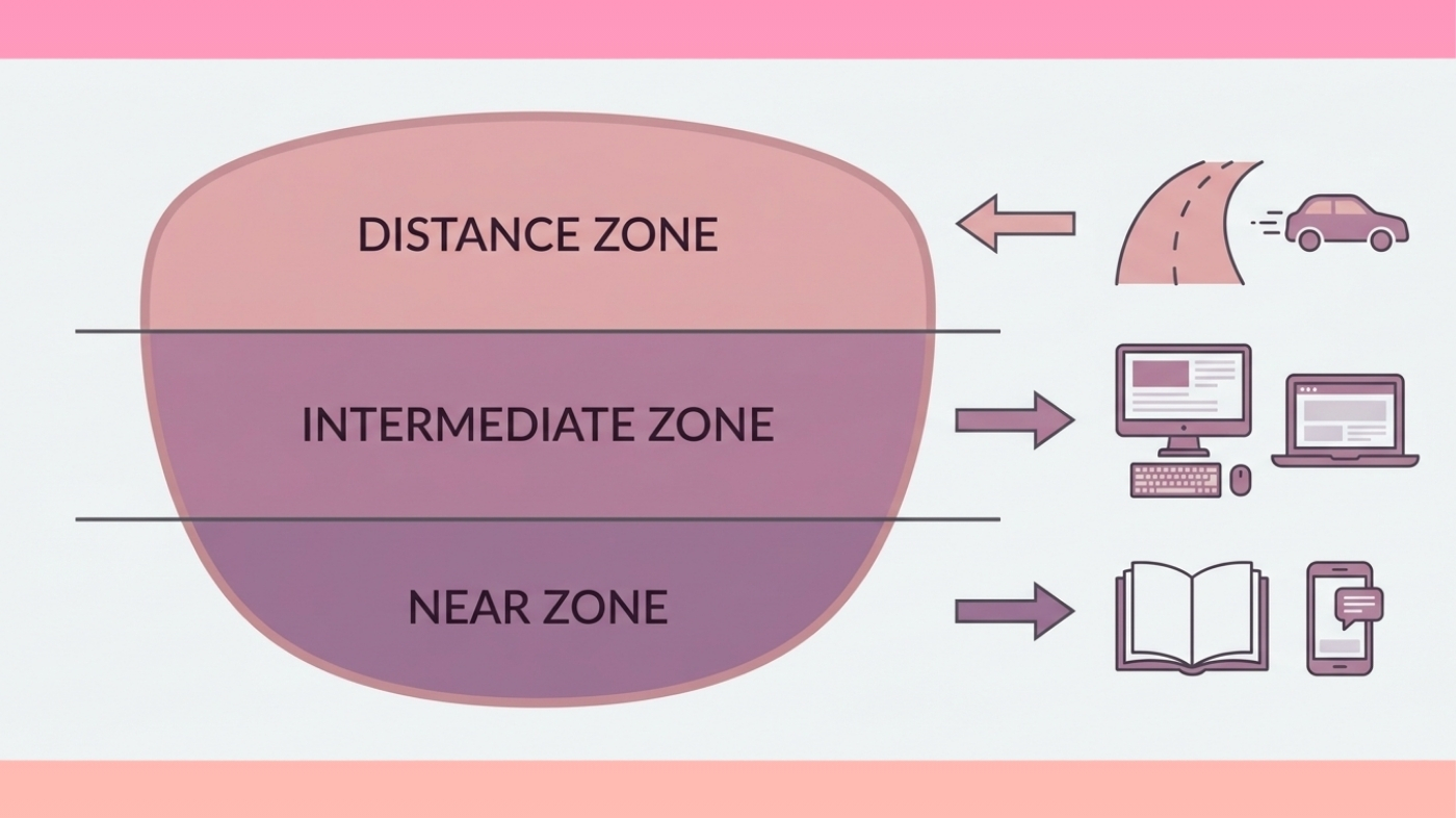 Diagram of trifocal eyeglass lens showing three vision zones — distance (top), intermediate (middle), and near (bottom) — separated by two visible lines
