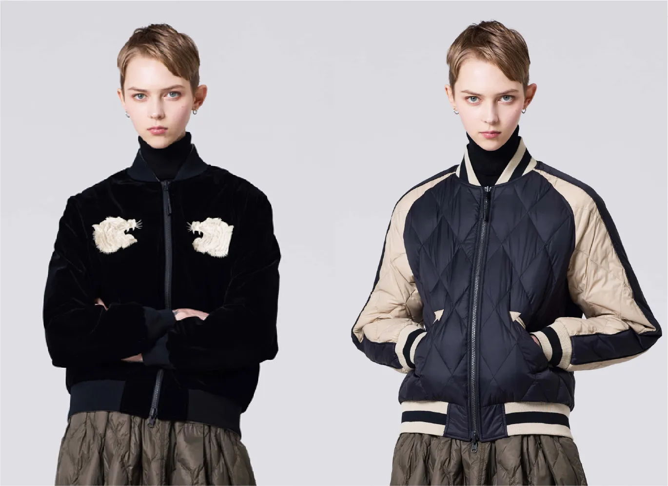 Two models wearing stylish jackets, one black and one blue, with unique designs.