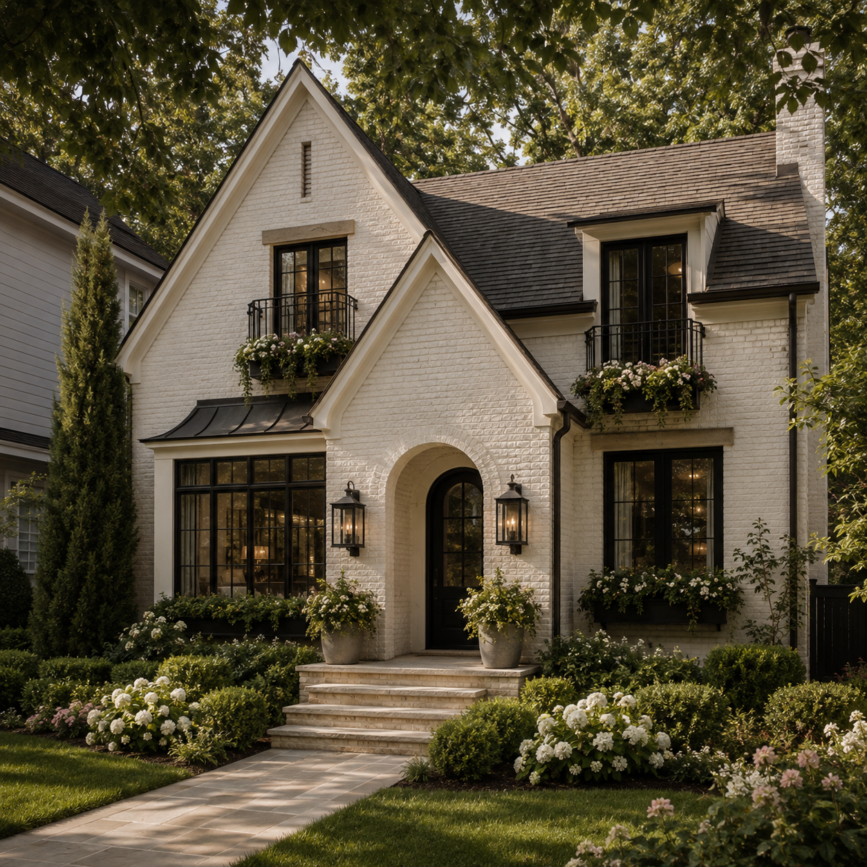 A beautiful custom home with landscaped garden and welcoming entrance.