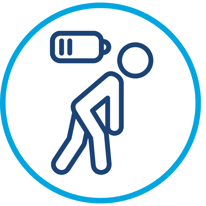 A figure bending over with a battery icon above, indicating low energy.