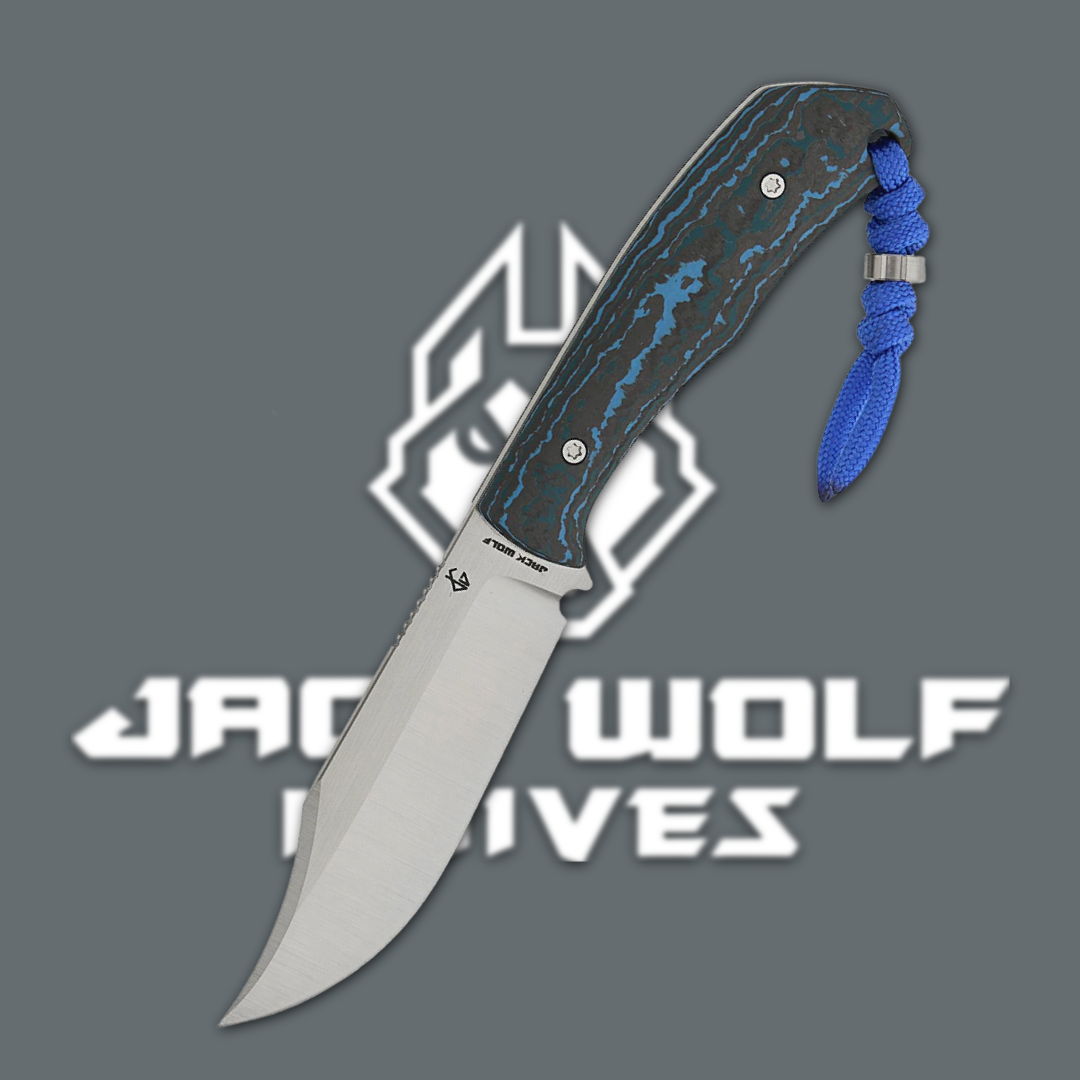 Fixed blade knife with a blue handle and logo of Jack Wolf Knives.