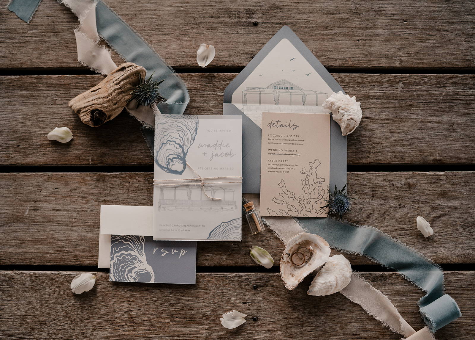 Coastal chic wedding invitations in a dusty blue color palette | hand drawn and illustrated | printed on Neenah sustainable Environment® Paper | The Small Town Studio
