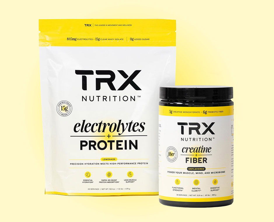 TRX Nutrition protein and fiber products on a yellow background.