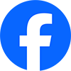 Facebook logo in a blue circle.