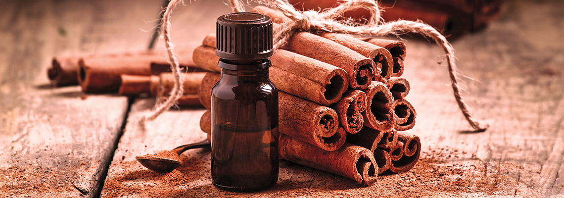 Cinnamon sticks and a small bottle on a wooden surface.