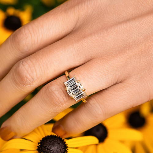 custom three stone engagement ring featuring emerald cut lab grown diamonds by MiaDonna