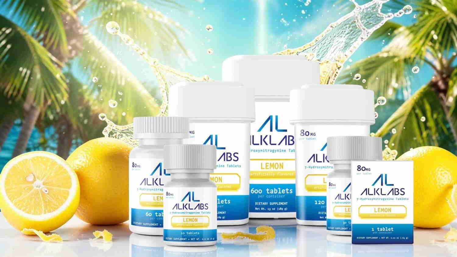 Bottles of supplements with lemons and tropical background.