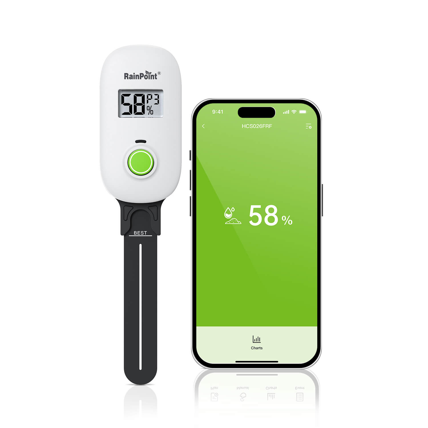Humidity sensor displayed next to a smartphone showing humidity level.
