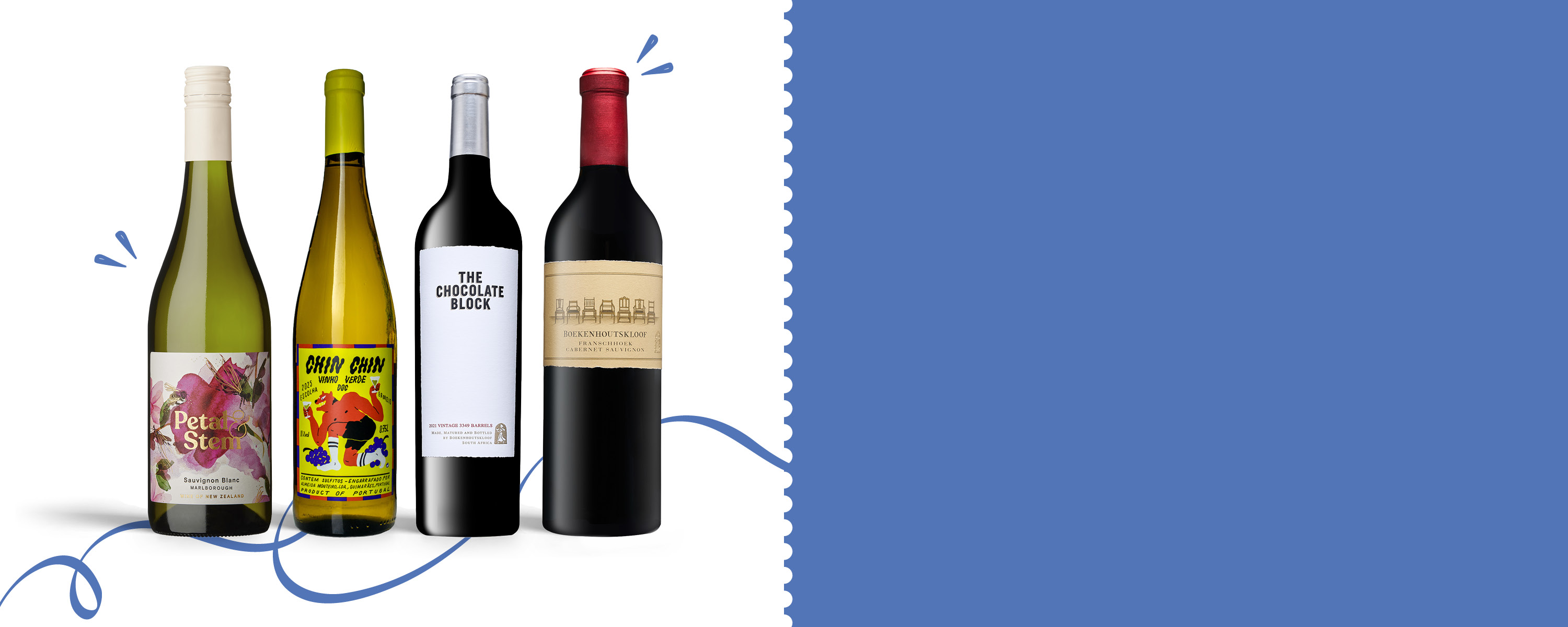 Four bottles of wine against a blue background.