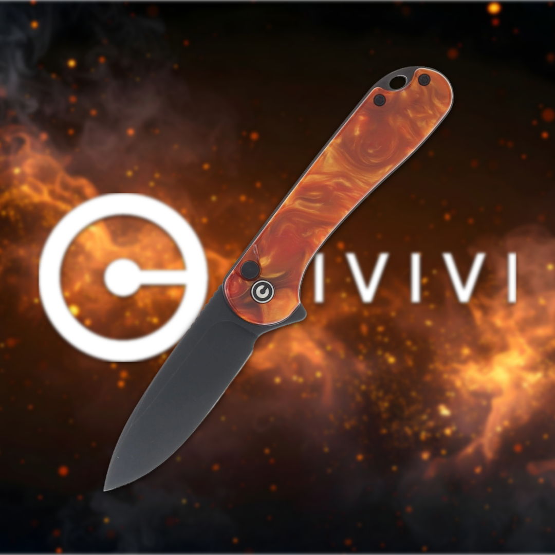 A folding knife with an orange handle against a cosmic background.