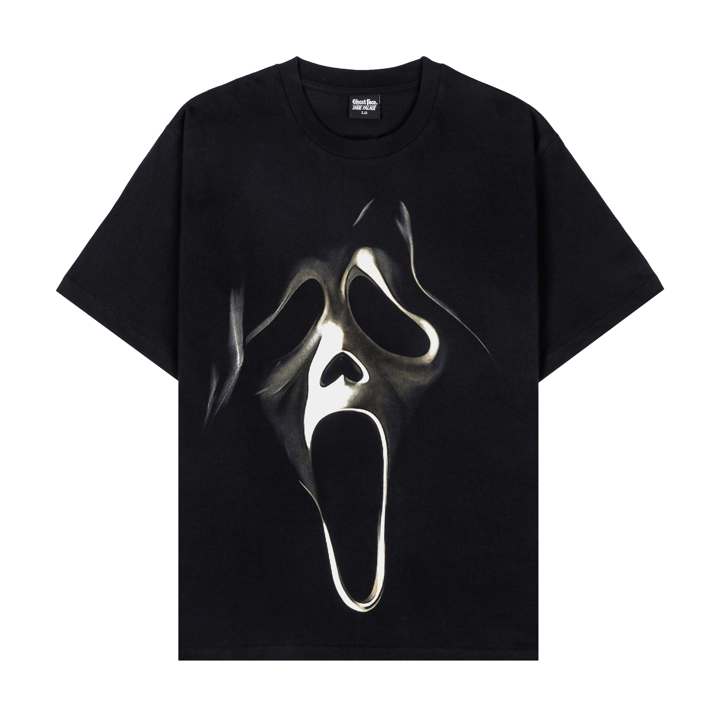 Black t-shirt featuring a screaming ghost face design.