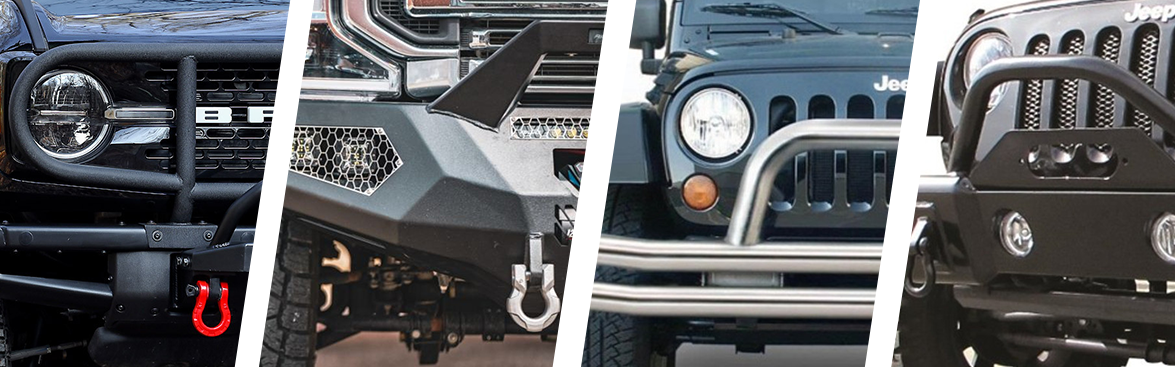 Photo collage of various off-road vehicles with aftermarket bumpers