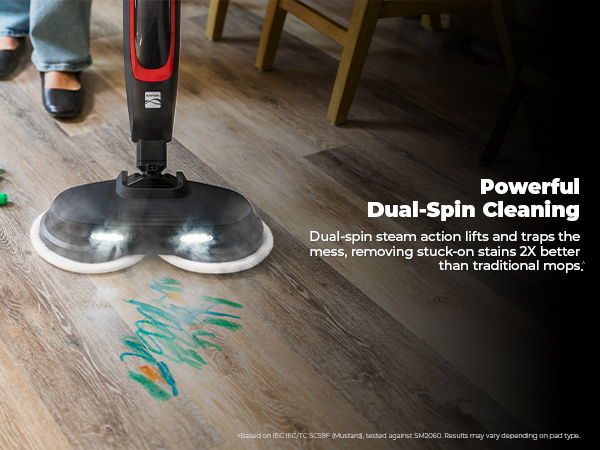 Powerful dual-spin cleaning system removing dirt more effectively than traditional mops.