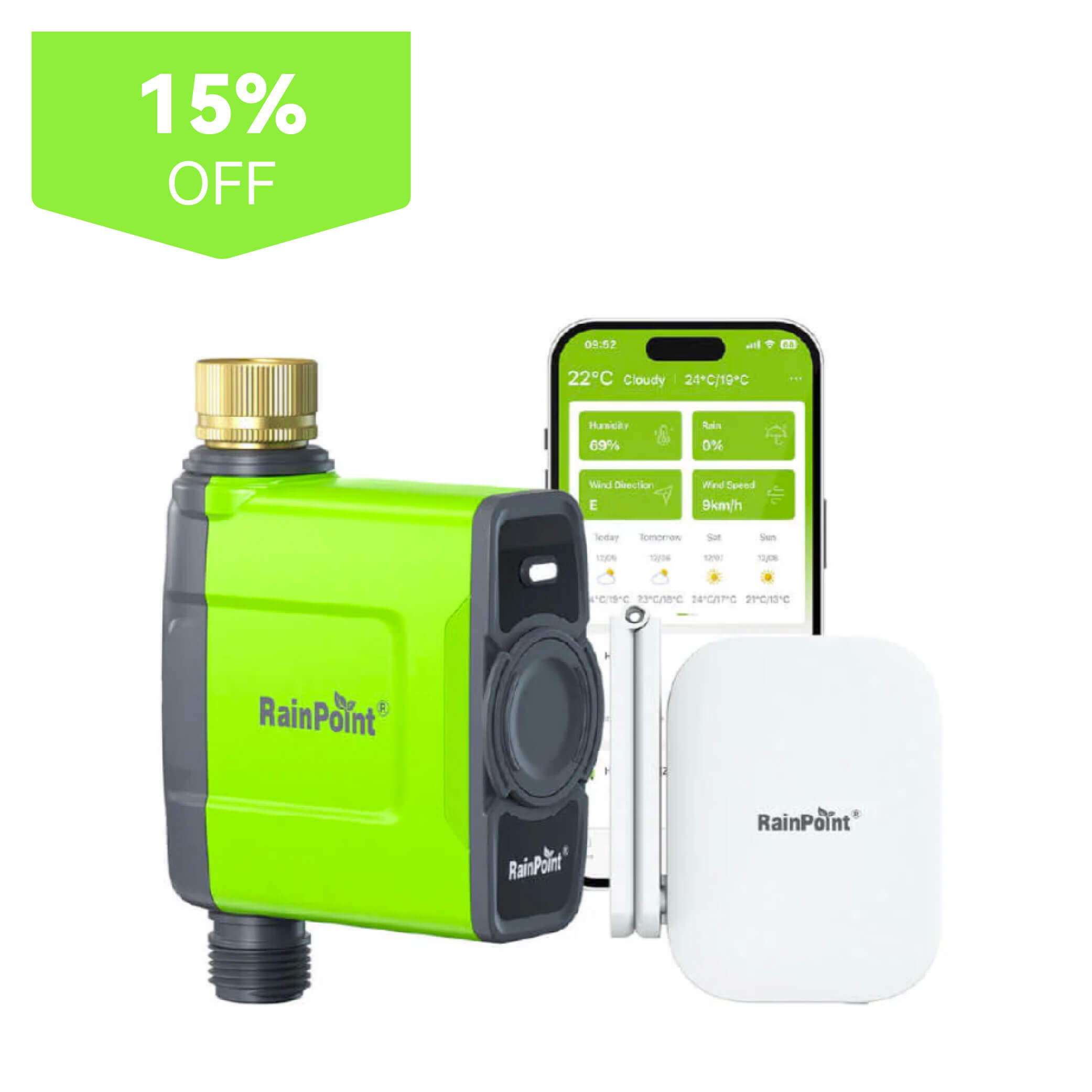 Smart irrigation device with mobile app, featuring a 15% discount badge.