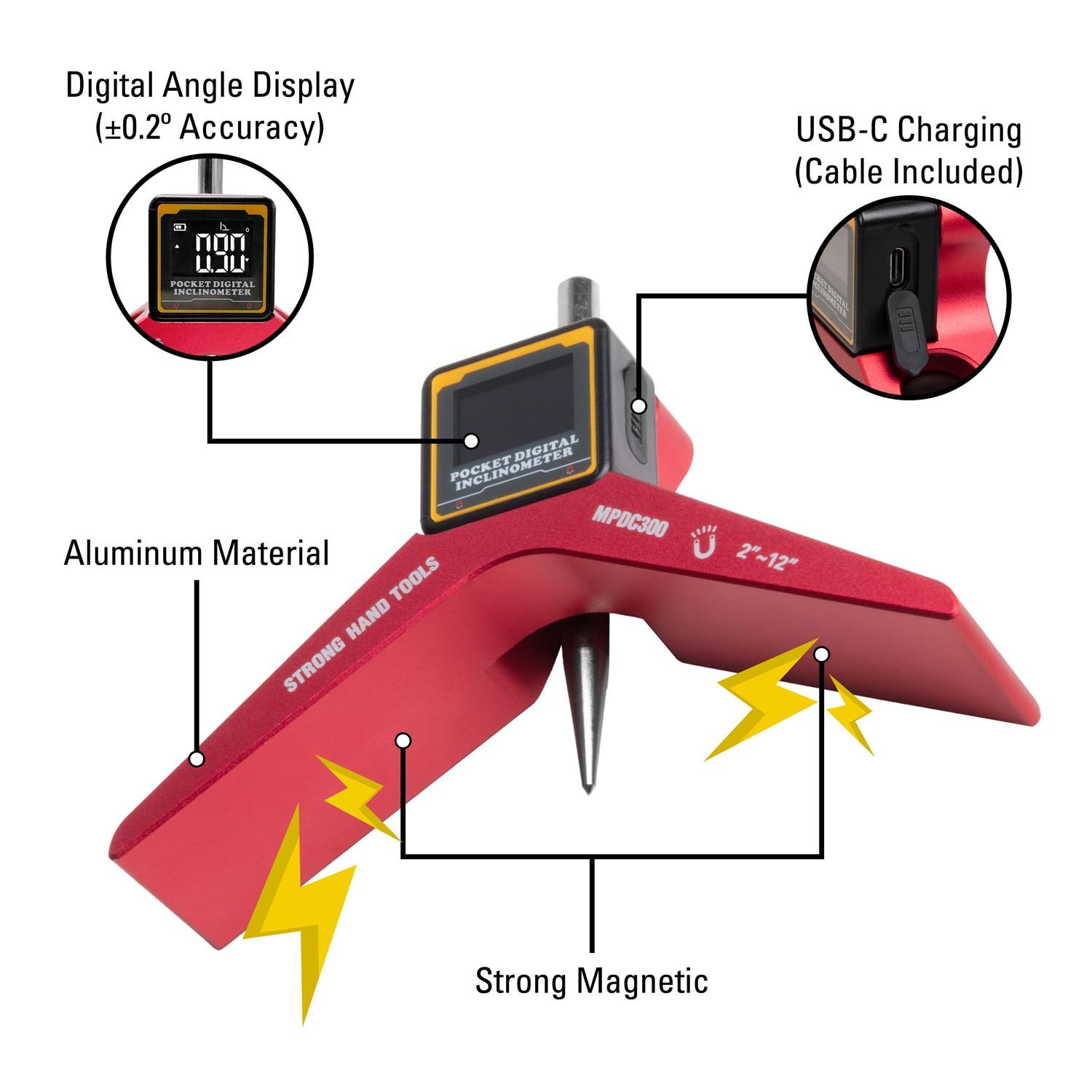 Digital angle display tool with USB-C charging and strong magnetic features.