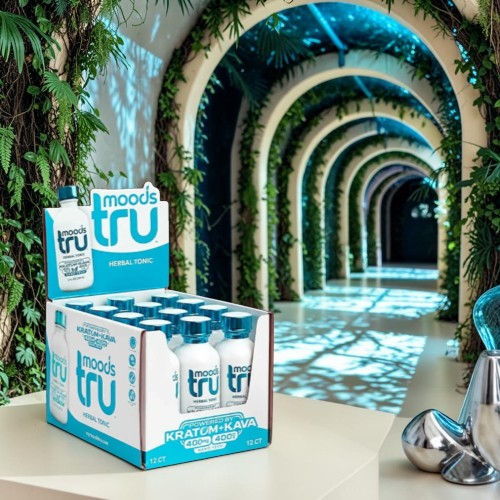 A display of tru water bottles in a scenic, illuminated hallway.