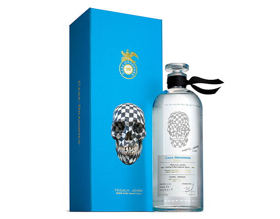 Bottle of vodka with a skull design and blue box packaging.
